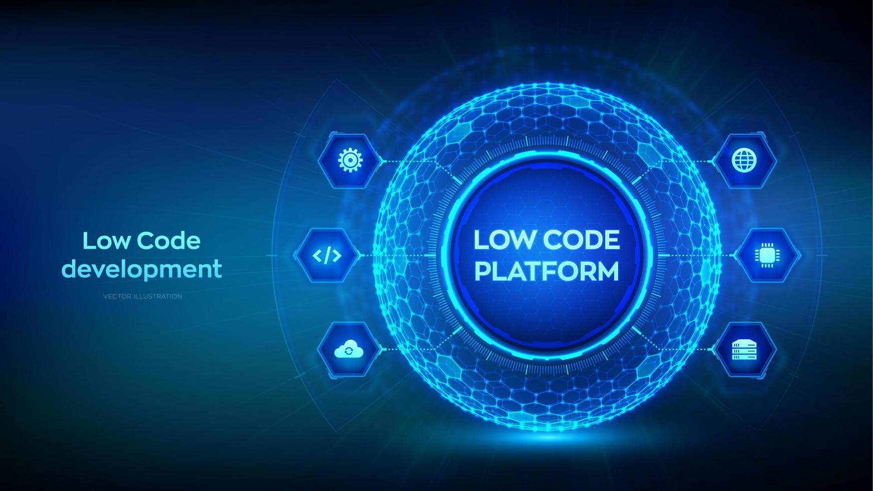 Low-code development platform concept with hexagonal grid sphere and wireframe components